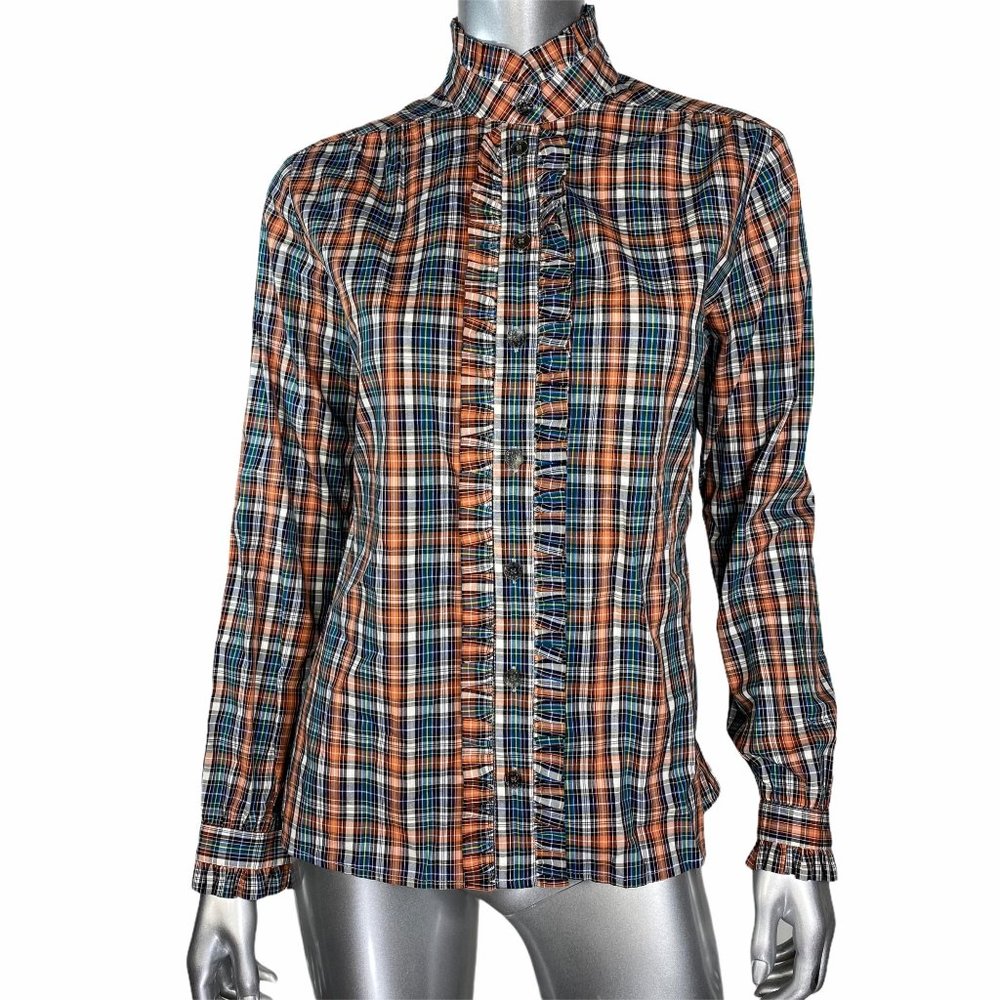 Bell Fine Garments Blue Plaid Ruffled Blouse 4